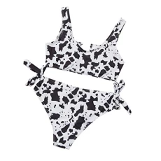 1 Set Swimsuit Cow Pattern Bathing Suit for Women Tank Tops for Women Chic Beachwear Chic Swimwear Lady Waistcoat for Women Bikini for Women Split Miss Polyester Two Piece Suit Black,White