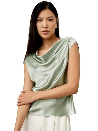 100% 22 Momme Silk Cowl Neck Shirt for Women Sleeveless Elegant Tops for Summer Off Shoulder T Shirt Ladies UK12, Aqua Green