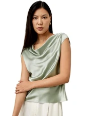 100% 22 Momme Silk Cowl Neck Shirt for Women Sleeveless Elegant Tops for Summer Off Shoulder T Shirt Ladies UK12, Aqua Green 100% 22 Momme Silk Cowl Neck Shirt for Women Sleeveless Elegant Tops for Summer Off Shoulder T Shirt Ladies UK12, Aqua Green