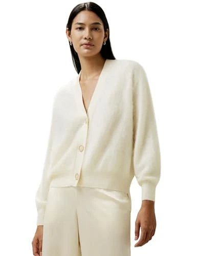 100% Cashmere Cardigan for Women Drop-Shoulder with Pearl Button V Neck Sweater Coat M, White