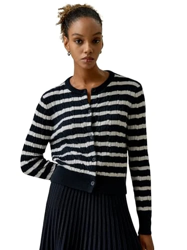 100% Cashmere Cardigan Striped Cable-Knit Long Sleeves Crew Neck Long Sleeves Button Down Front Sweater for Women