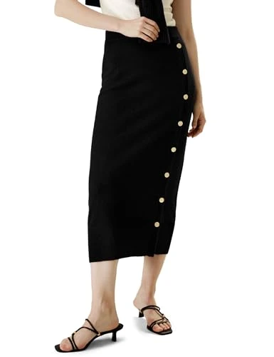 100% Cashmere Knitted Midi Skirt with Side Golden Buttons Black Warm Skirts for Women Winter Fall, L