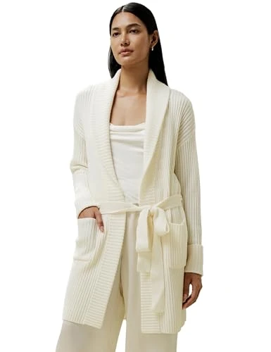 100% Merino Wool Shawl Collar Cardigan for Women Open Front&Sash Tie Long Sleeves Sweater Coats with Pockets M, Camel
