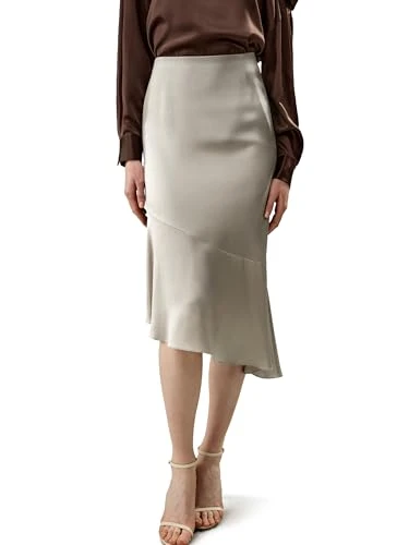 100% Silk Asymmetrical Fishtail Skirt for Women Slim Fit Side Zipper Up High Waisted Midi A Line Dress for Work Party Silvergray, UK16