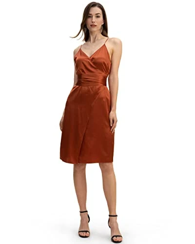 100% Silk Cocktail Dress for Women 22 Momme Luxury Silk Belted Wrap Elegant Spaghetti Strap Dresses for Ladies Club Wedding(Red Clay,10)