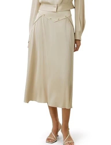 100% Silk Skirt for Women Long Midi Silk Bottom Flowy Pleated A Line with Metal Buttons Vintage Soft High Waist Silk Skirts Ladies(Cream,UK 20)