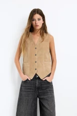 100% Suede Leather Waistcoat - Ecru