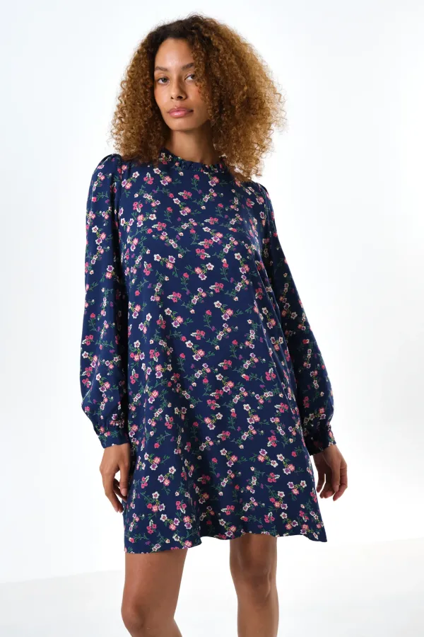 Sola Naive Posy Print Long Sleeve Mini Dress - Navy