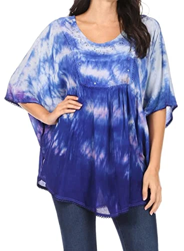 15031 - Lepha Long Wide Multi Colored Tie Dye Sequin Embroidered Poncho Top Blouse - Light Blue - OS