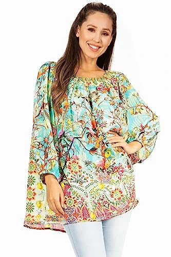 1578 - Darsy Women's Pirate Boho Loose Floral Print Top Blouse Long Sleeve Trendy - 559-Turq - S/M