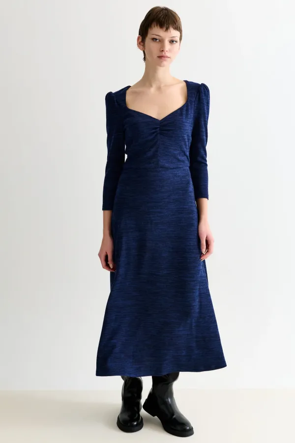Ambrose Sustainable Marl Sweetheart Neck Midi Dress Navy