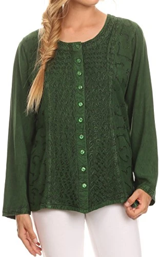 1659 - Fedella Deep Scoop Neck Long Sleeve Blouse Top with Adjustable Back Straps - Green - S/M