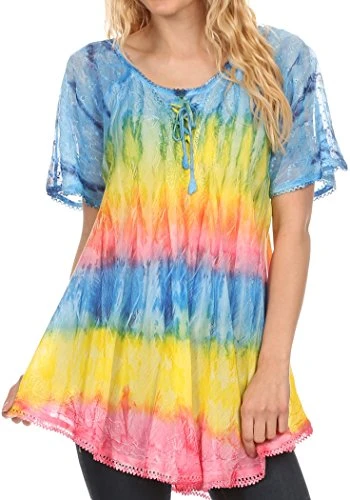 16786 - Monet Long Tall Tie Dye Ombre Embroidered Cap Sleeve Blouse Shirt Top - Turquoise/Yellow - O