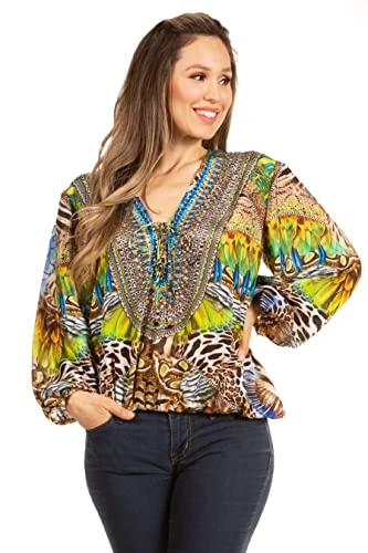 1700 - Sante Women's Boho Loose V Neck Long Sleeve Elastic Tunic Top Blouse Floral - 585-Green - L/X