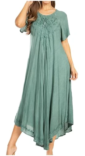 1701 - Lilia Embroidered Lace Up Bodice Relaxed Fit Maxi Sun Dress - A-Seafoam - OS