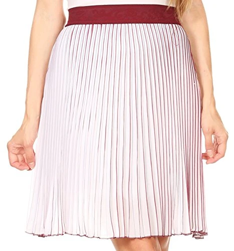 17252 - Amira Accordion Pleated Midi Crepe Slim Skirt with Elastic Waist - Burgundy/Pink - OS