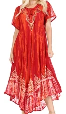 17260 - Devora Women's Maxi Nightgown Caftan Kaftan Dress Tie Dye Batik & Corset - Red-Burg - OS 17260 - Devora Women's Maxi Nightgown Caftan Kaftan Dress Tie Dye Batik & Corset - Red-Burg - OS
