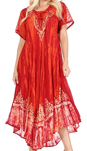 17260 - Devora Women's Maxi Nightgown Caftan Kaftan Dress Tie Dye Batik & Corset - Red-Burg - OS