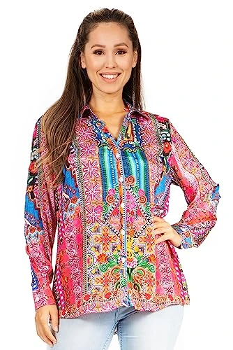 1790 - Iriss Women's Long Sleeve Button Down Blouse Top Shirt Floral Boho Casual - 572-Pink - S/M