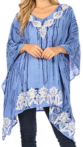 1802 - Alizia Lightweight Embroidery Batik Top Tunic Blouse Caftan Cover up Poncho - Sky Blue - OS