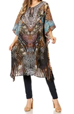 1822 - Jenni Women's Mid Length Boho Caftan Kaftan Dress Cover up Flowy Rhinestone - 537 - OS