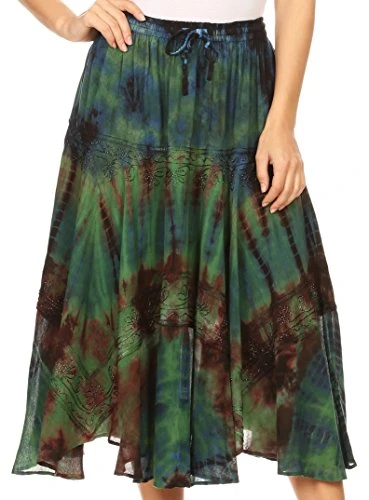 18221 - Justina Womens Dance Midi Full Circle Tie-dye Skirt with Elastic Waist - Green - OS