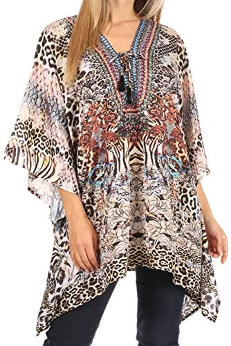 1825 - Aymee Women's Caftan Poncho Cover up V Neck Top Lace up with Rhinestone - CTW261-White - OS