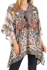 1825 - Aymee Women's Caftan Poncho Cover up V Neck Top Lace up with Rhinestone - CTW261-White - OS 1825 - Aymee Women's Caftan Poncho Cover up V Neck Top Lace up with Rhinestone - CTW261-White - OS