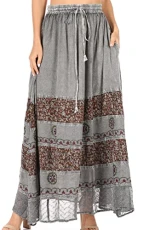 1826 - Sandra Women's Casual Long Maxi Boho Gypsy Skirt Elastic Waist & Pockets - Grey - OS 1826 - Sandra Women's Casual Long Maxi Boho Gypsy Skirt Elastic Waist & Pockets - Grey - OS