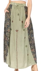 1827 - Maran Women's Boho Embroidery Skirt with Lace Elastic Waist and Pockets - Olive - OSP 1827 - Maran Women's Boho Embroidery Skirt with Lace Elastic Waist and Pockets - Olive - OSP