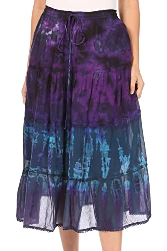 18452 - Antonia Women's Skirt Tie Dye Boho Elastic Waist Adjustable Embroidery - Teal - OS