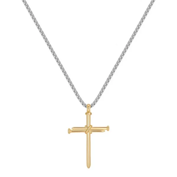 18K Gold &amp; Silver Two Tone Nail Cross Necklace