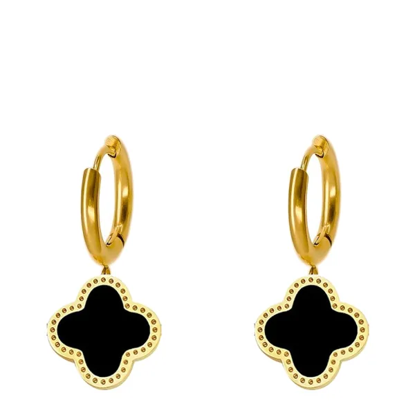 18K Gold Black Motif Drop Earrings