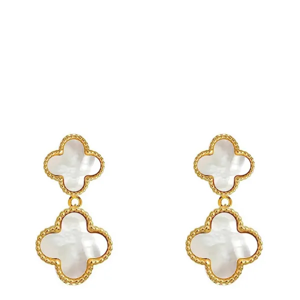 18K Gold White Mother Of Pearl Double Drop Gemstone Earrings
