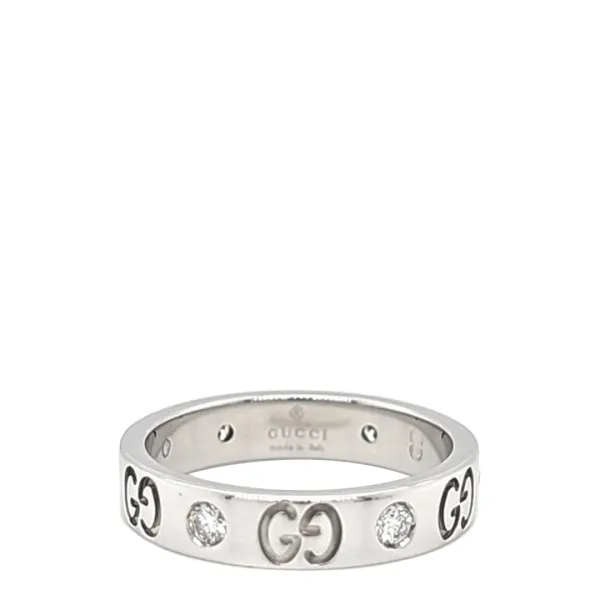 18K White Gold Diamond Gucci Icon Logo Band Ring - Size U/V - Silver