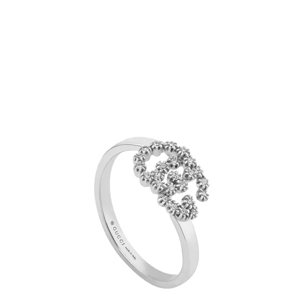 18K White Gold Gucci Gg Diamond Ring - Size L - Silver