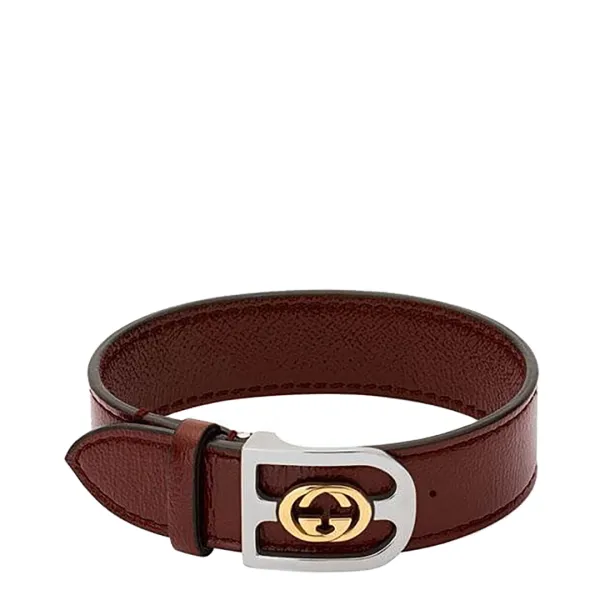 18K Yellow Gold Leather Gucci Interlocking-G Silver Bracelet - Size L - Red