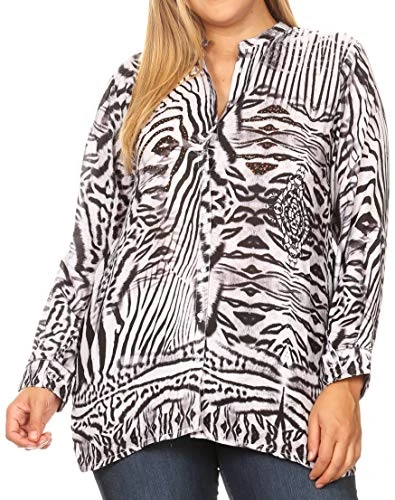 1903 - Ditta Women's Casual Loose Long Sleeve Print Button Down Shirt Tunic Blouse - ZBK211-Black - 