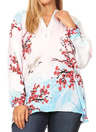 1904 - Fara Women's Casual Floral Print Lightweight Long Sleeve Blouse Tunic Top - NR221-Red - OS