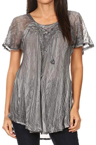 19213 - Aline Women's Short Sleeve Casual Light Loose Scoop Neck Top Blouse Shirt - Grey - OS