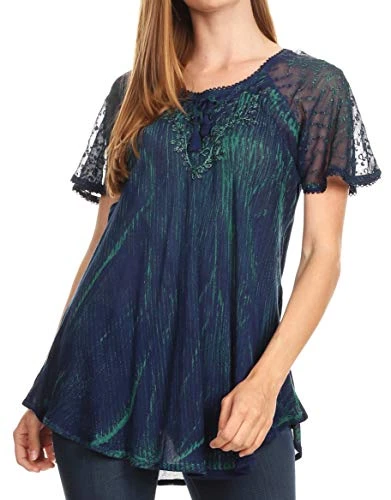 19215 - Donna Women's Casual Lace Short Sleeve Tie Dye Corset Loose Top Blouse - 19203-Navy - OS