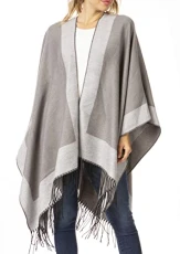 1927 - Avi Women's Reversible Open Front Poncho Cardigan Ruana Cape Shawl W/Fringe - Border Gray - OS 1927 - Avi Women's Reversible Open Front Poncho Cardigan Ruana Cape Shawl W/Fringe - Border Gray - OS