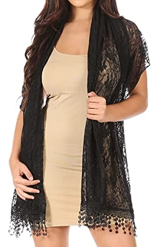 1929 - Mari Women's Large Lightweight Soft Lace Scarf Wrap Shawl Floral and Fringe - Black Lace - OS