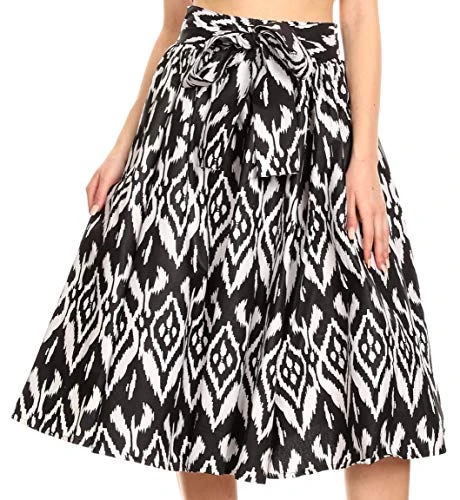 19421 - AMA Women's Vintage Circle African Ankara Print Midi Skirt with Pockets - 111-Black/white - OS