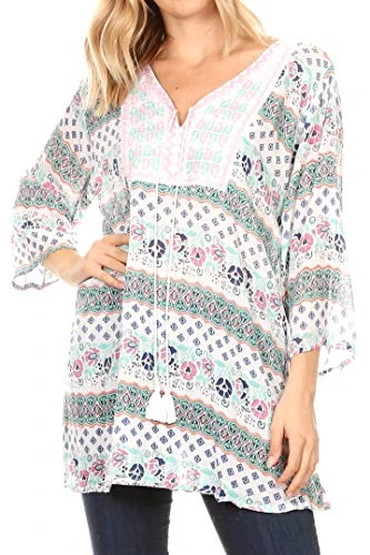 19925 - Matia Women's Casual Summer Cotton Long Sleeve Print Loose Tunic Top Blouse - 19924-pink - S