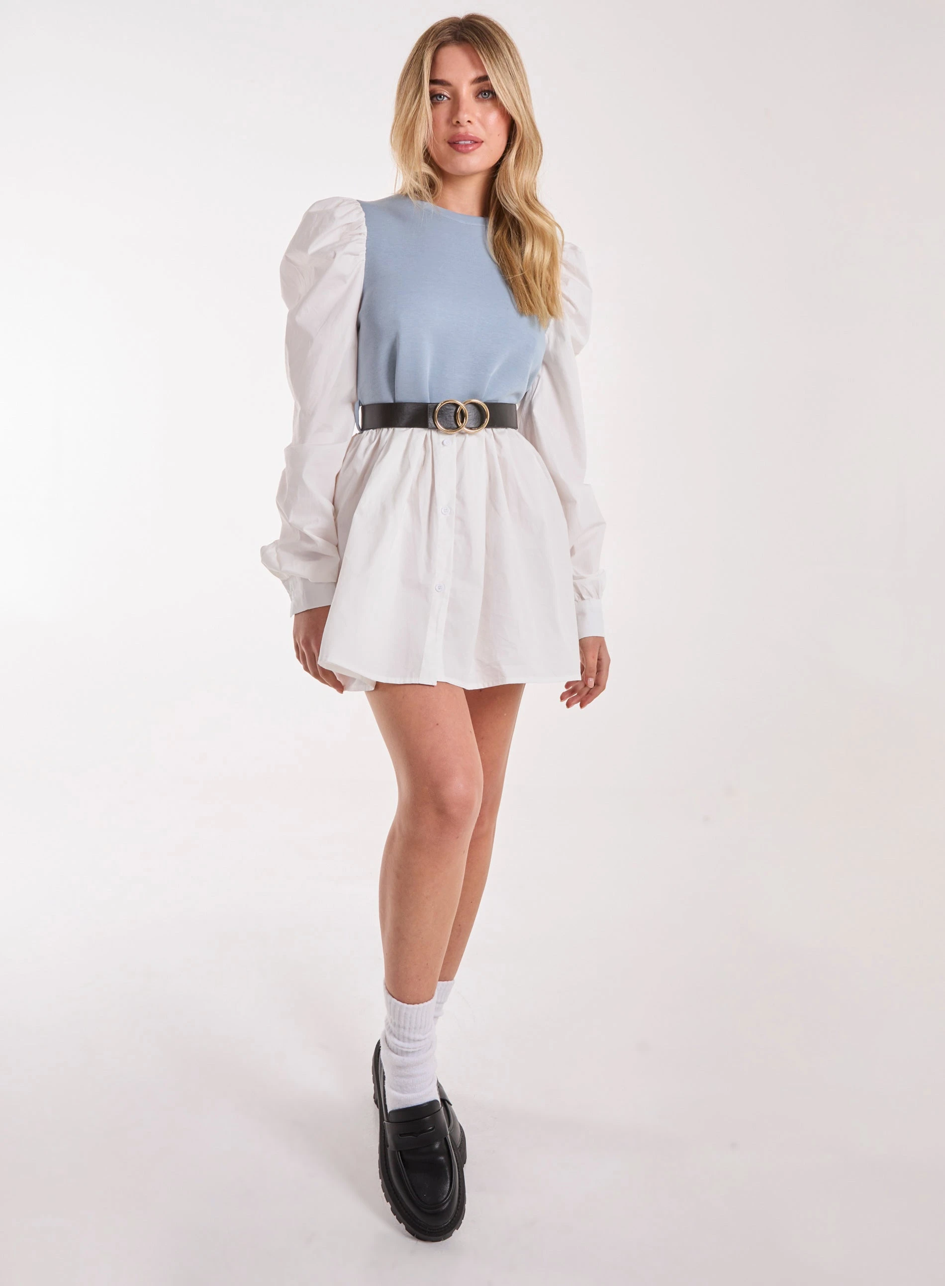 2-1 Puff Sleeve Shirt & Jumper Belted Top BLUE