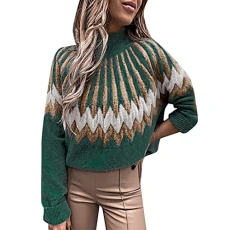 2 in 1 Jumper Shirt with Collar for Women Sweater Cardigan Women Trendy Ladies Turtleneck Long Sleeve Pullover Sweater Print Loose Casual Sweater Promotion Clearance Green