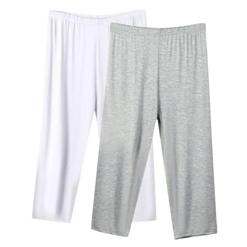 2 Pack Capri Pants for Women UK Petite Plus Size Elastic Waist Trousers Pyjamas Bottoms Comfy Soft Modal Pj Trouser Capris Pant Sleepwear Ladies Homewear Outifts Cheap S-5XL