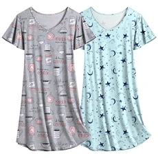 2 Pack Nightgowns for Women Flare Short Sleeve Sleepshirt V Neck Sleepwear Plain/Floral Print Pajama Dress L 2 Pack Nightgowns for Women Flare Short Sleeve Sleepshirt V Neck Sleepwear Plain/Floral Print Pajama Dress L