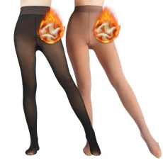 2 Pairs Women Fleece Lined Tights-Fake Translucent Leggings High Waist Pantyhose Sheer Thick Warm Tights For Women, Black+brown, Medium